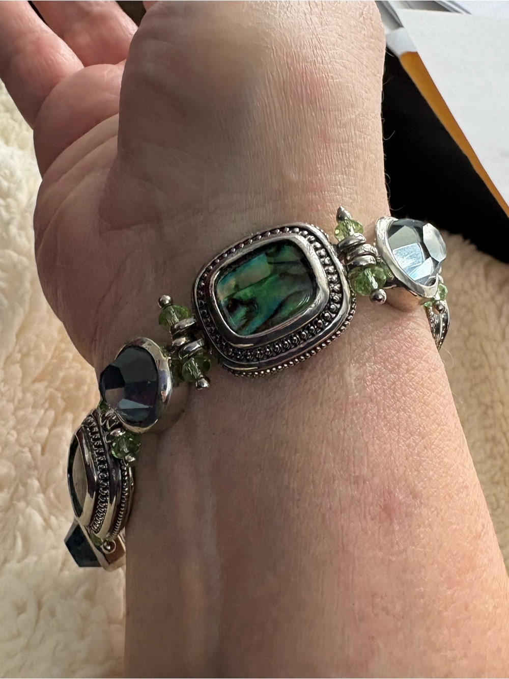 Stylish Silver Plated  Abalone Smokey Topaz Peridot Accent Bracelet